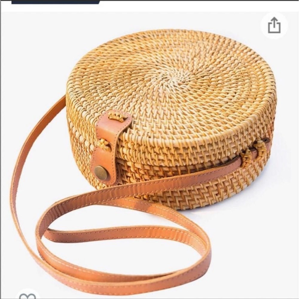 Hand woven cross body round purse with leather strap